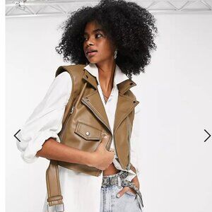 Topshop cropped sleeveless biker jacket vest in brown - NWOT